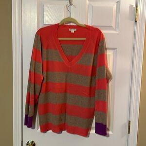 100% cashmere V-neck sweater from Garnet Hill. Orange and beige striped